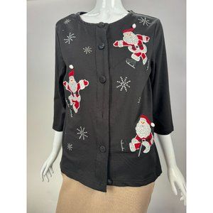 Onque Casual Vintage Skating Santa Cardigan Small Black Cotton Missing Button